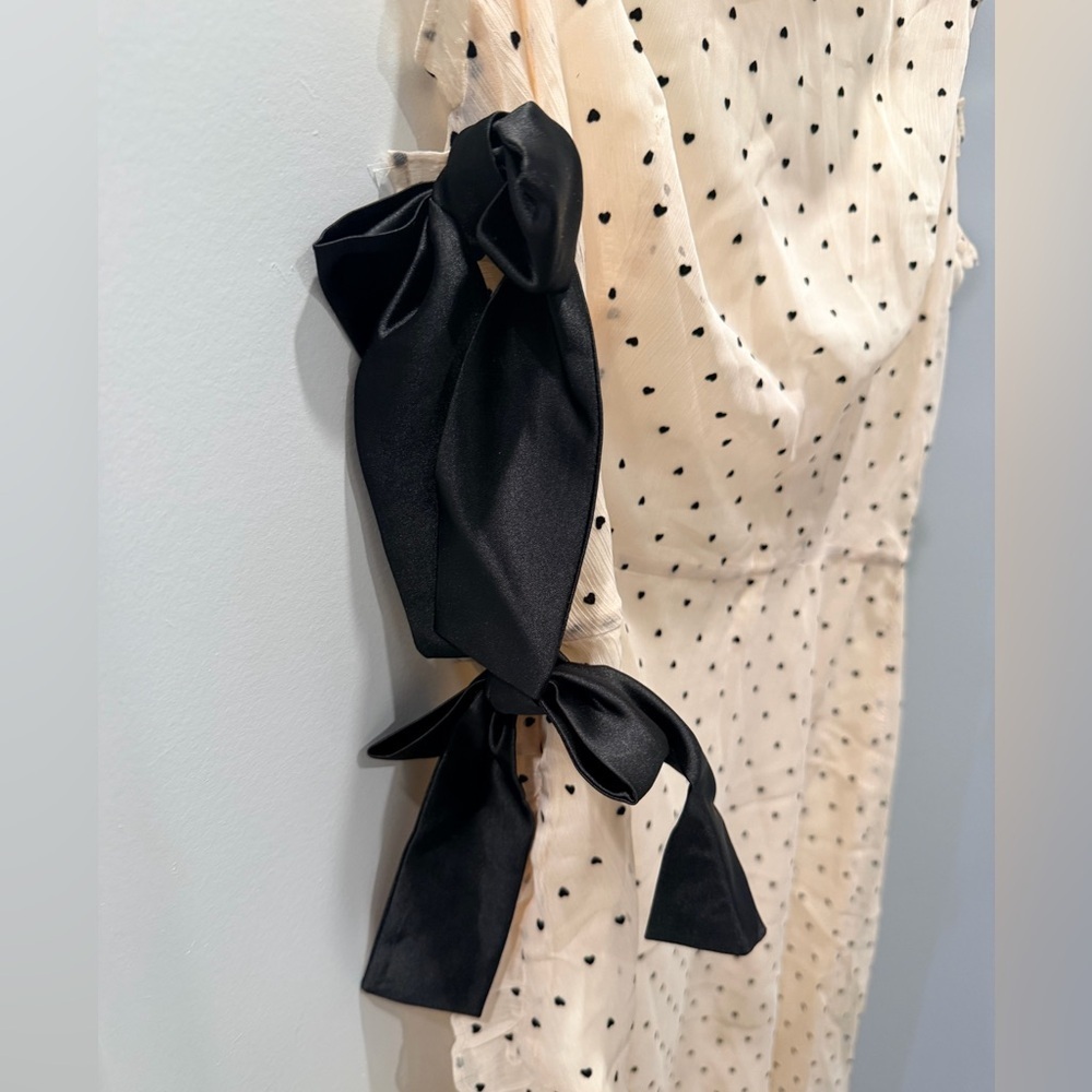 Choosy NWT Cream Heart Print Chiffon Dress Bow Neck Ruffle Hem Size 12 - Picture 10 of 12